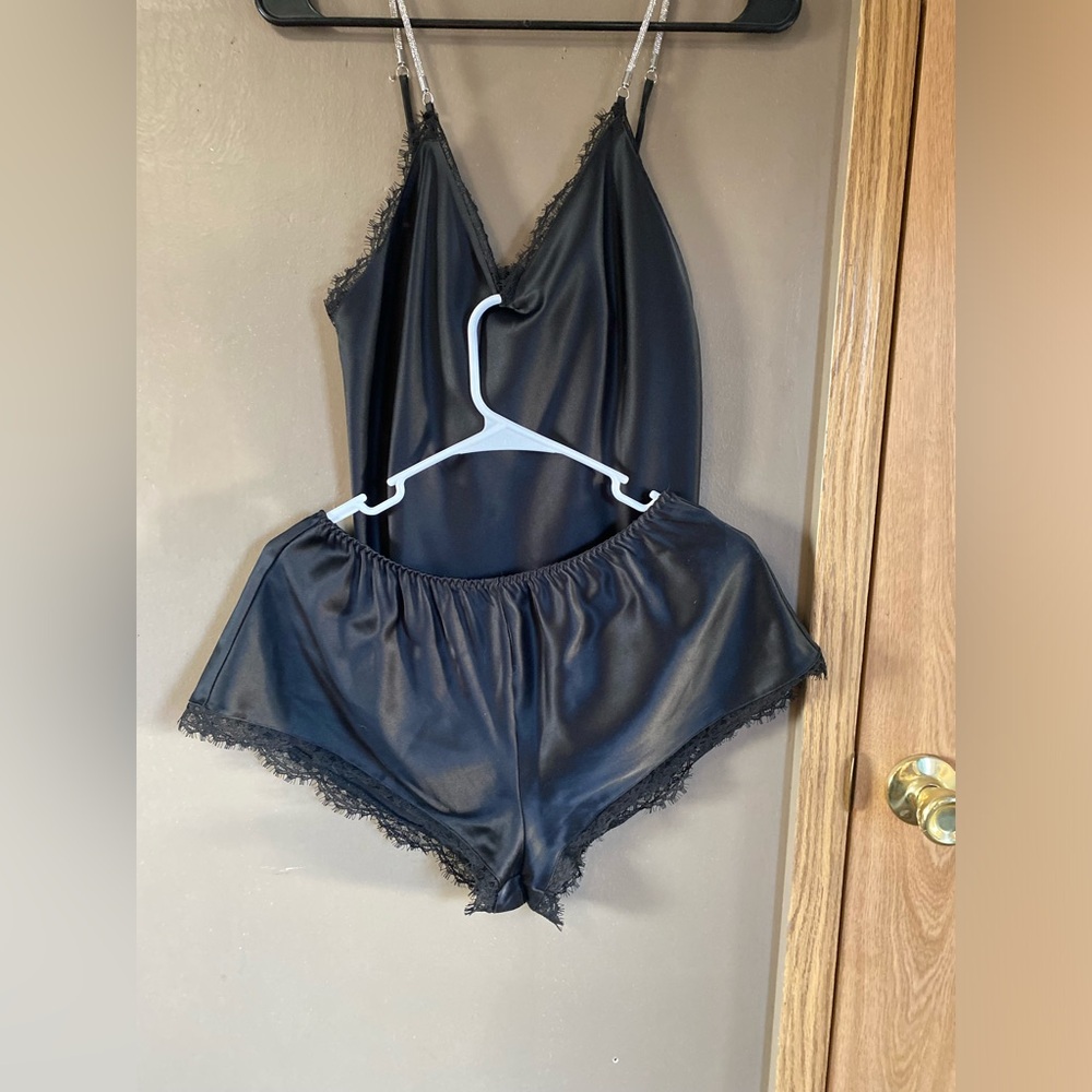 Victoria's Secret Black Satin Lace Chemise Set